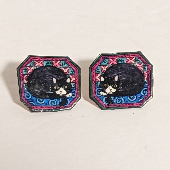 Vintage Sleeping Black Cat Earrings Posts Floral Picture Frame - Picture 1 of 4